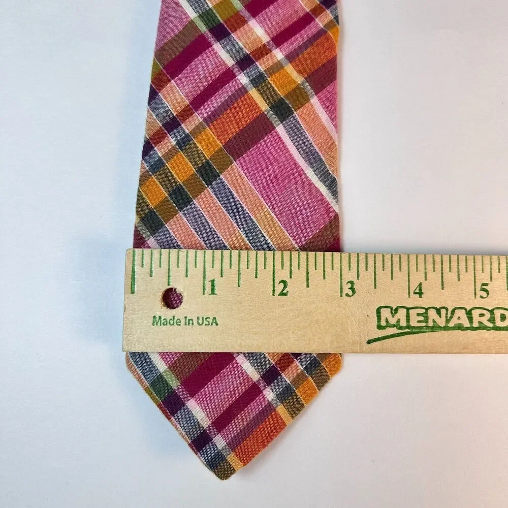 J. Crew Men's Pink Orange Multicolor Preppy Madras Plaid 100% Cotton Tie